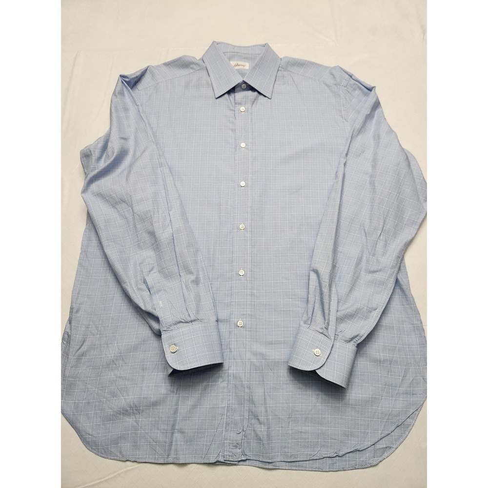 Brioni Dress Shirt Mens 17.5 L Blue Check Long Sleeve Spread Collar Italy